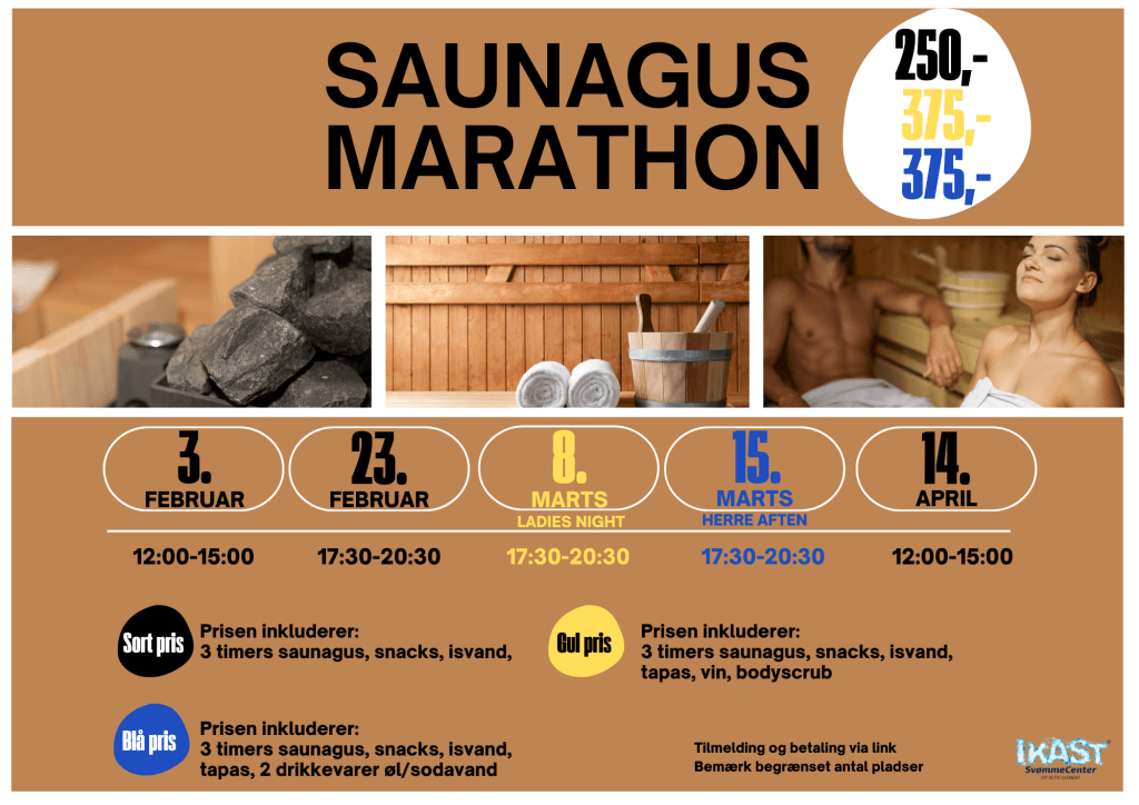 Oversigt over Saunagus marathon i 1. halvår 2024 i Ikast Svømmecenter